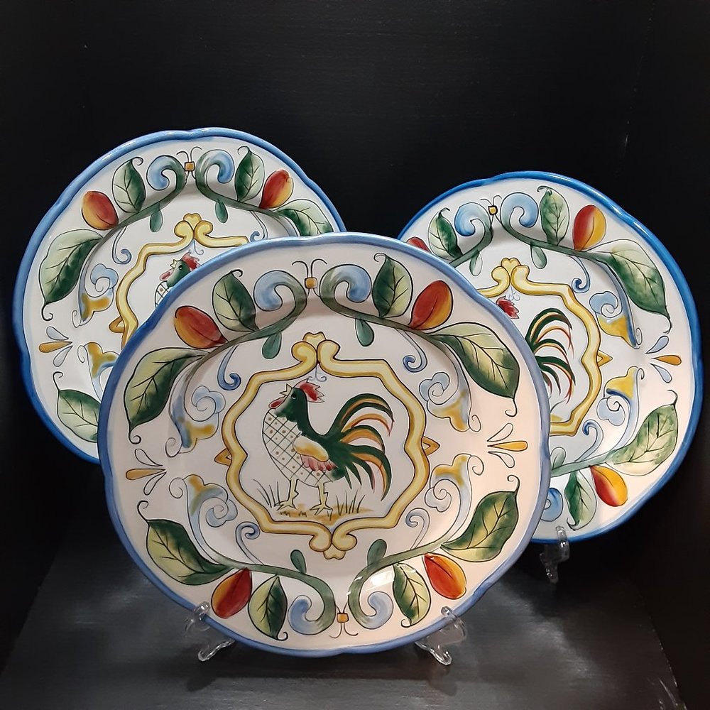 *SOLD* 3 Vintage Fitz and Floyd Ricamo Rooster 8 inch Salad Plates
